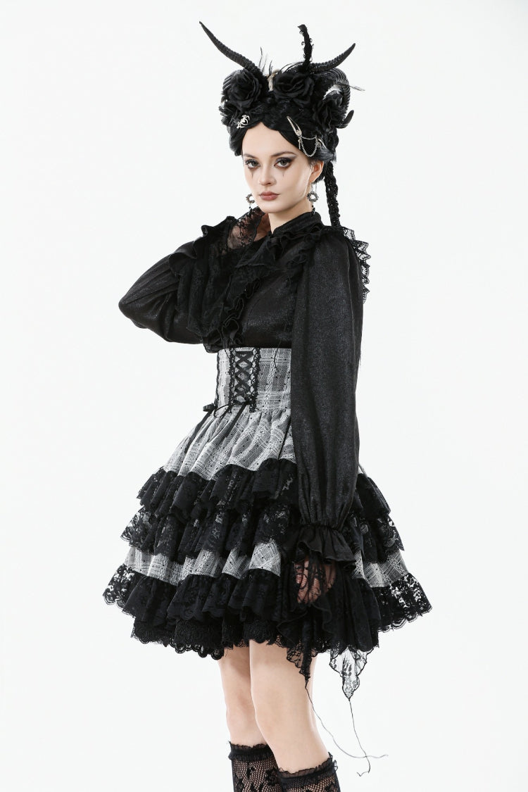 Black/Grey High Waisted Lace-Up Lace Ruffled Layered Hem Women's Lolita Gothic Skirt - Product - 2