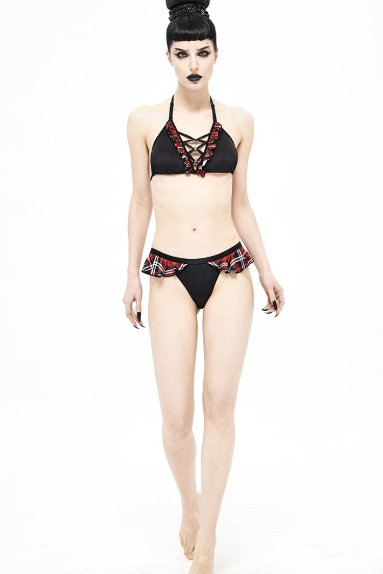 Black/Red Lace-Up Frilly Chest Skull Bell Women's Punk Swimsuit Top - Product - 5