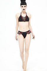 Black/Red Lace-Up Frilly Chest Skull Bell Women's Punk Swimsuit Top - Product - 5
