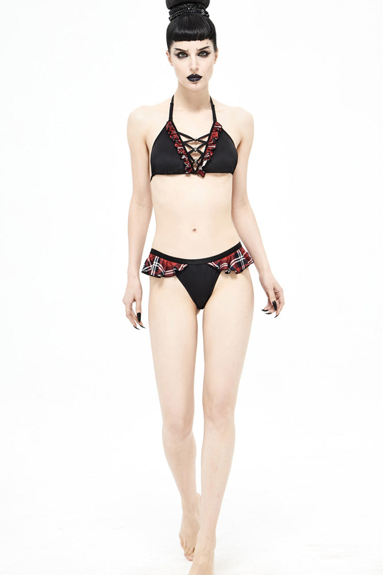 Black/Red Lace-Up Frilly Chest Skull Bell Women's Punk Swimsuit Top - Product - 5