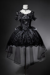 Black [Star Swan Dream] Ruffle Embroidery Bowknot Lace Gothic Lolita Jsk Dress - Black - 1