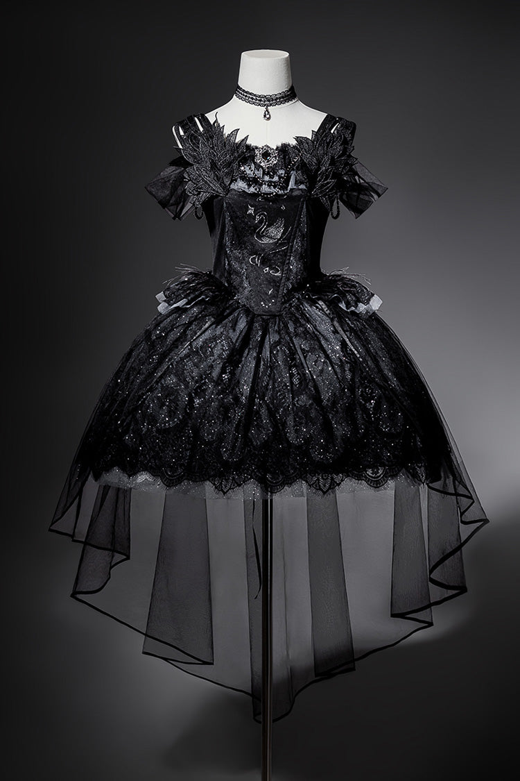 Black [Star Swan Dream] Ruffle Embroidery Bowknot Lace Gothic Lolita Jsk Dress - Black - 1