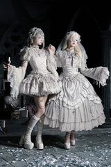 Solid Color [Bionic Doll] Square Collar Multi-Layered Ruffle Bowknot Lace-Up Gothic Lolita Long Skirt Corset Set - Product - 16