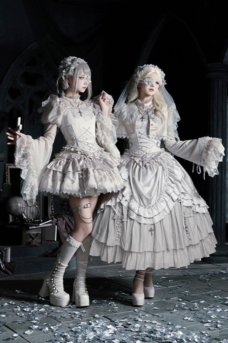 Solid Color [Bionic Doll] Square Collar Multi-Layered Ruffle Bowknot Lace-Up Gothic Lolita Long Skirt Corset Set - Product - 16
