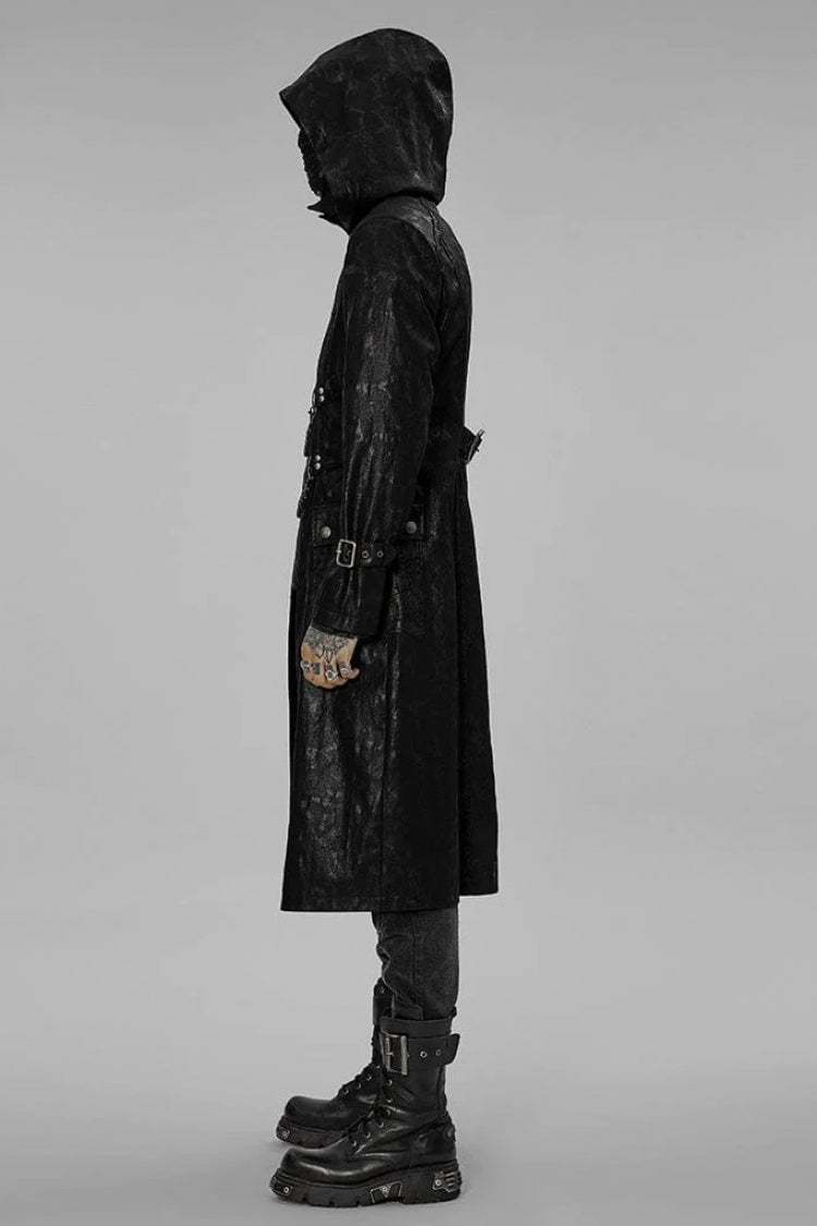 Black Stand Collar Print Asymmetric Metal Chain Zip Mens Steampunk Coat - Product - 2