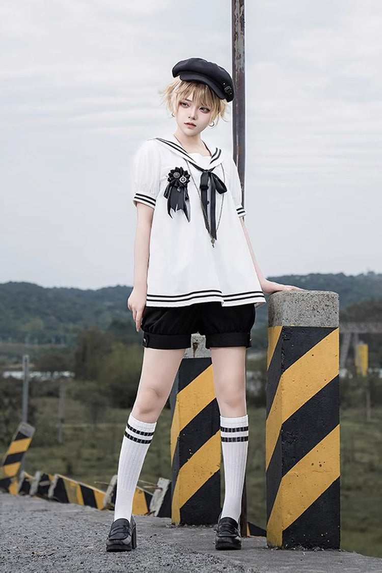 Black/White [Old Stories] Navy Collar Short Sleeves Bowknot Ouji Gothic Lolita Blouse Shorts Set - Black/White - 1