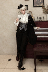 Black/White Embroidery Asymmetric Gothic Prince Handsome Ouji Lolita Set - Product - 10