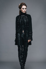 Black Floral Flocking Leather Loops Stand Collar Poncho Womens Gothic Coat - Product - 4
