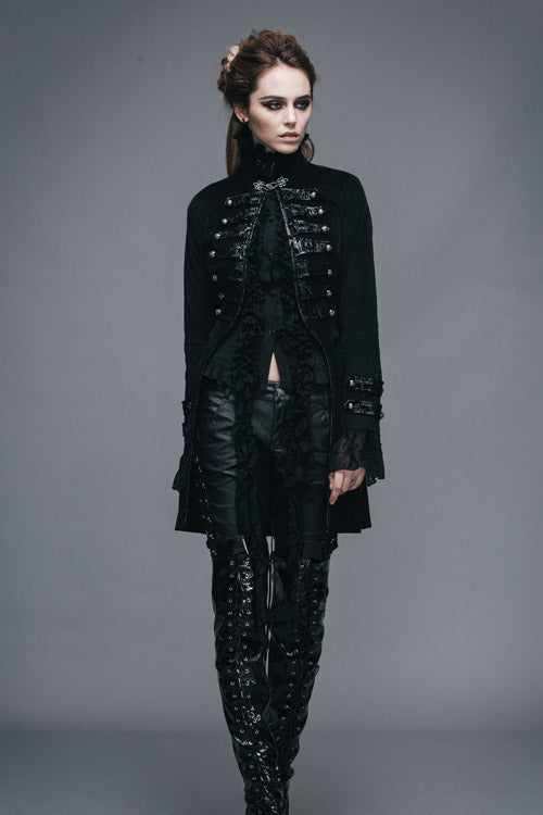 Black Floral Flocking Leather Loops Stand Collar Poncho Womens Gothic Coat - Product - 4