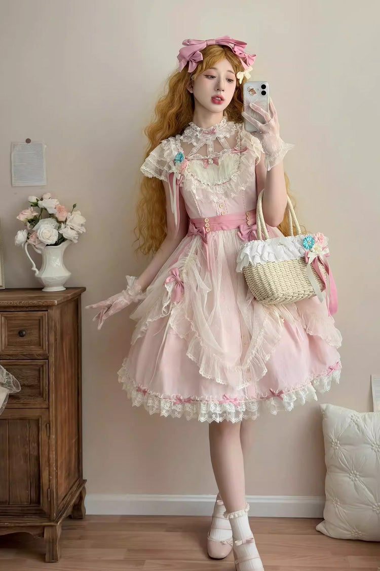 Pink [Sakura’s Spring Resonance] Sleeveless Ruffled Bow Sweet Lolita Jsk Dress (Short Version) - Product - 2