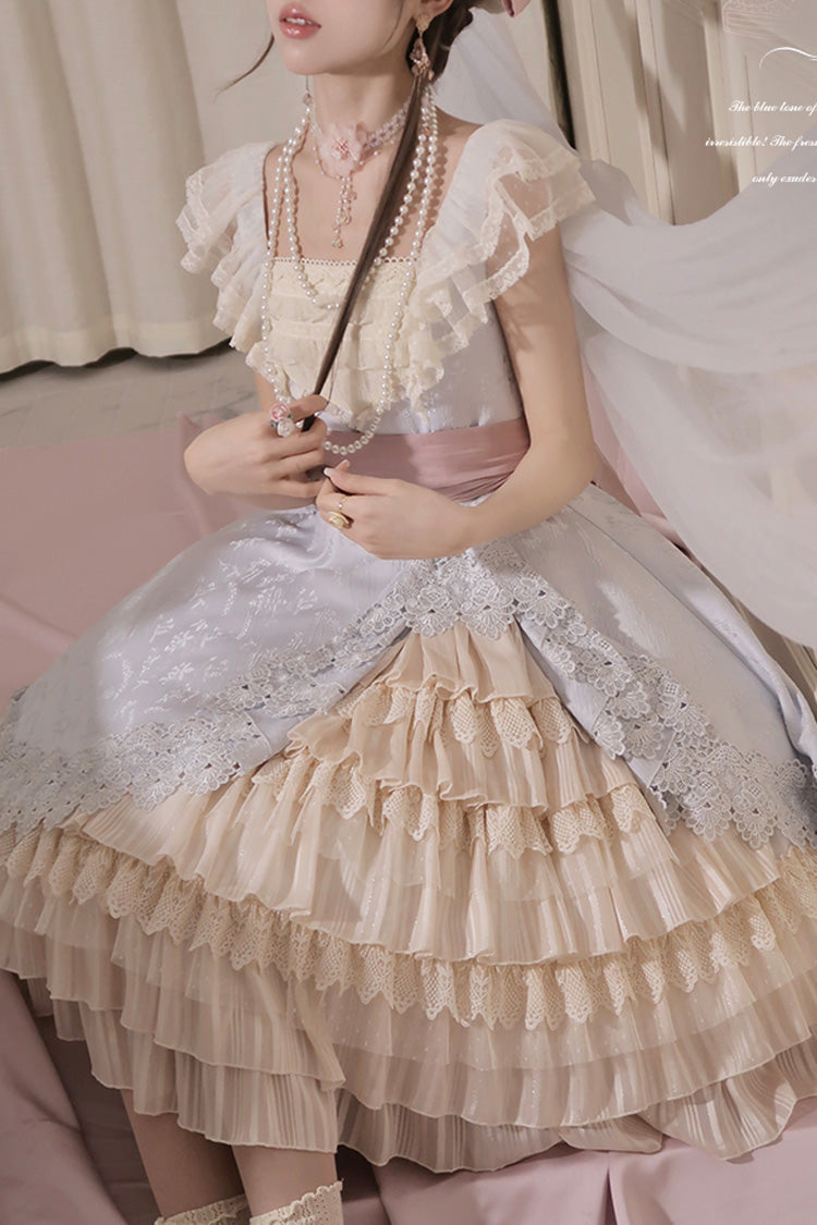 Multi-Color Cream Layers Ruffle Asymmetrical Cardigan Bowknot Sweet Lolita Jsk Dress - Product - 5