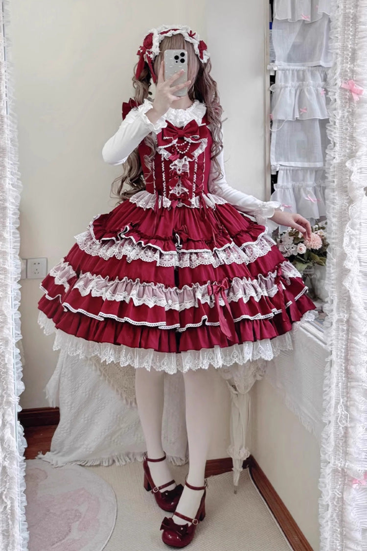 [Love Notebook] Sleeveless Multi-Layered Ruffle Bowknot Lace Sweet Lolita Jsk Dress 5 Colors - Product - 14