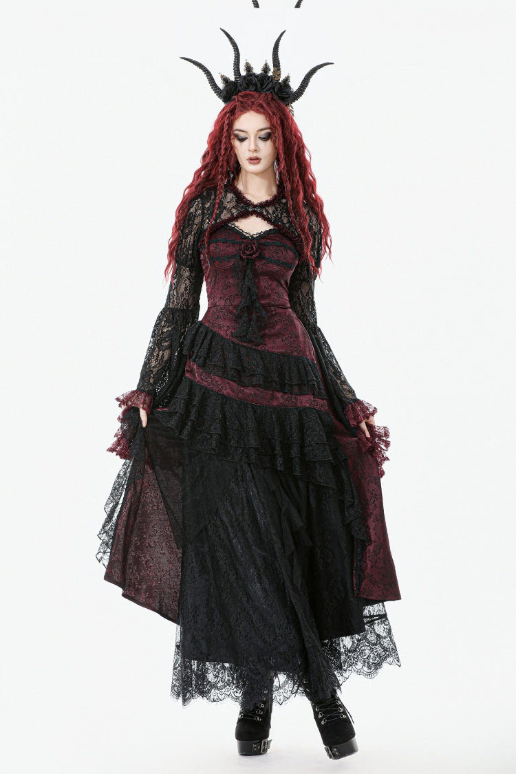 Black/Red Rose Irregular Multi-Layered Lace Ruffled Women's Gothic Slip Dress Wedding Dress - Product - 10