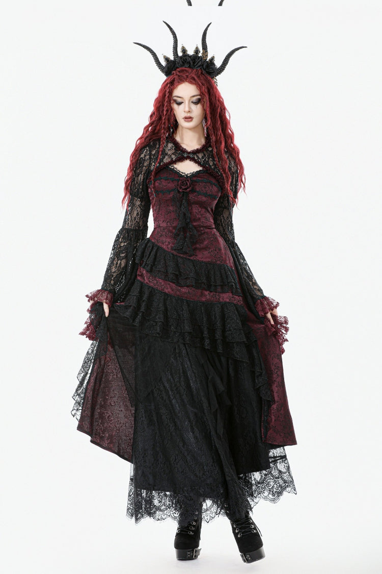 Black/Red Rose Irregular Multi-Layered Lace Ruffled Women's Gothic Slip Dress Wedding Dress - Product - 10