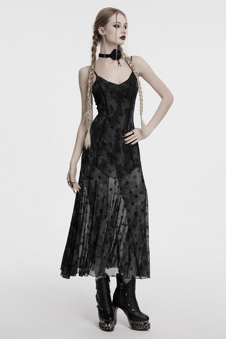 Grey Long Sleeves Print Hollow Mesh Women's Gothic Slip Dress with Cape - Product - 4