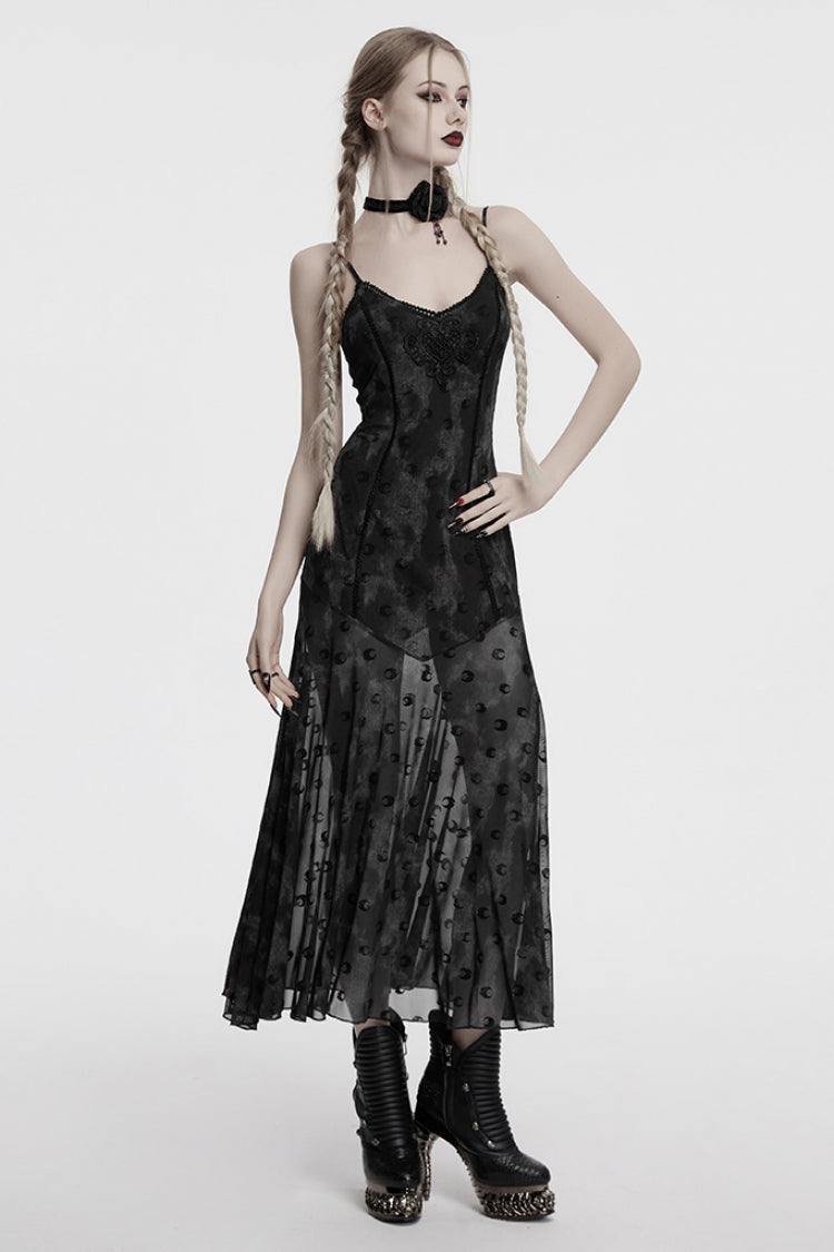 Grey Long Sleeves Print Hollow Mesh Women's Gothic Slip Dress with Cape - Product - 4