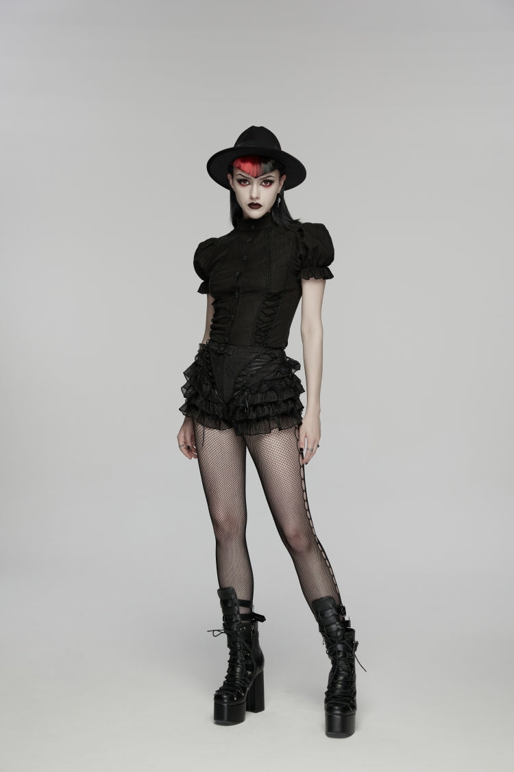 Black Multi-Layered Embroidered Lace Lace-Up Pleated Women's Gothic Shorts - Product - 7