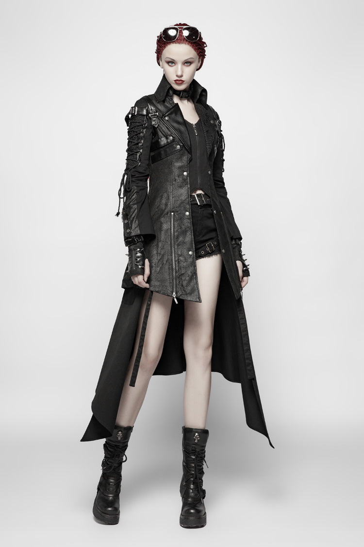 Black Metal Buckle Decoration Zipper Womens Steampunk Windbreaker Coat - Product - 6