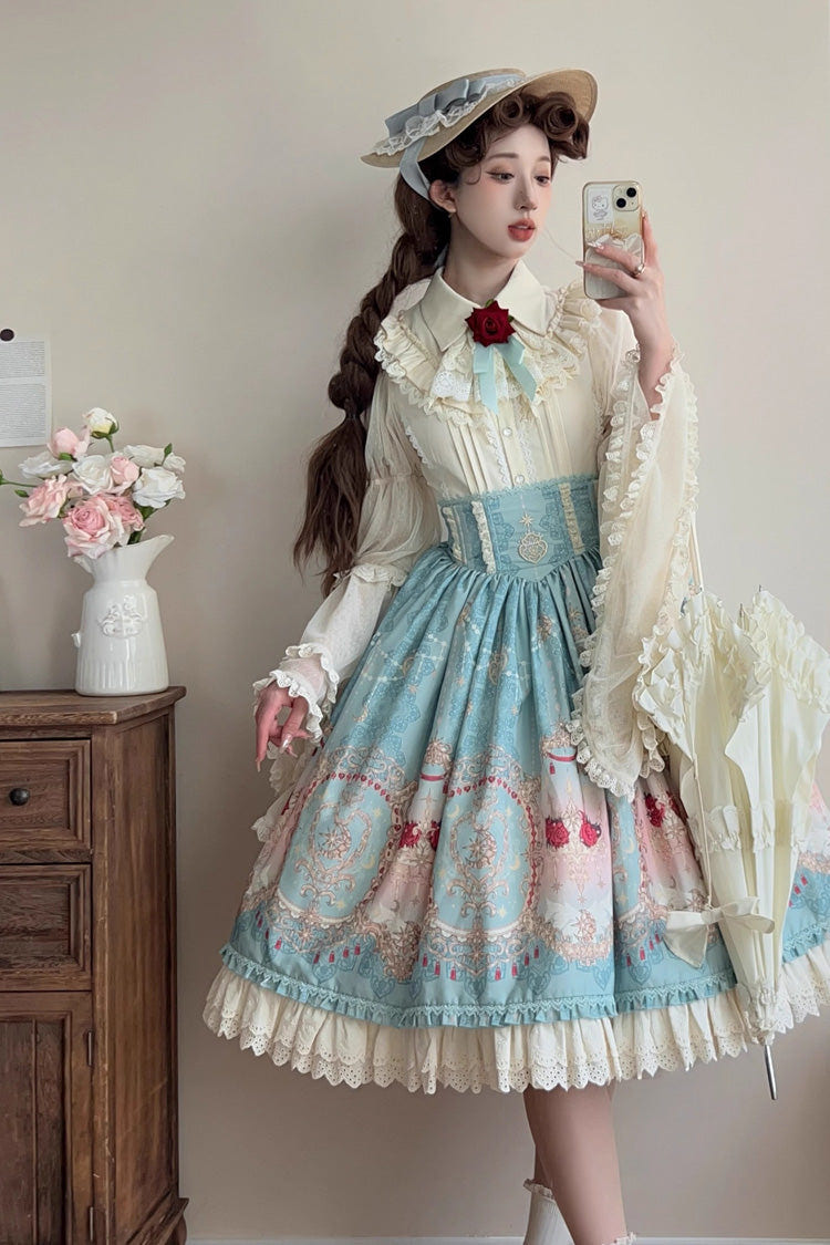 Blue [Moonlit Garden Secret] Print Ruffle Embroidery Lace Sweet Elegant Palace Lolita Skirt - Product - 4