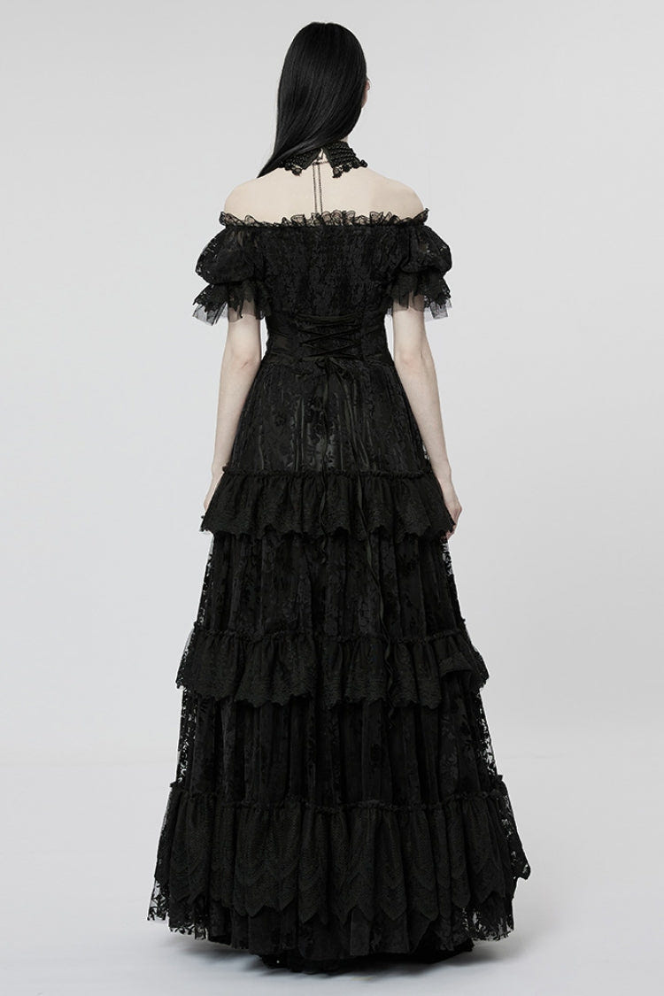 Short Puff Sleeves Print Ruffle Lace Women's Gothic Dress 2 Colors - Product - 3