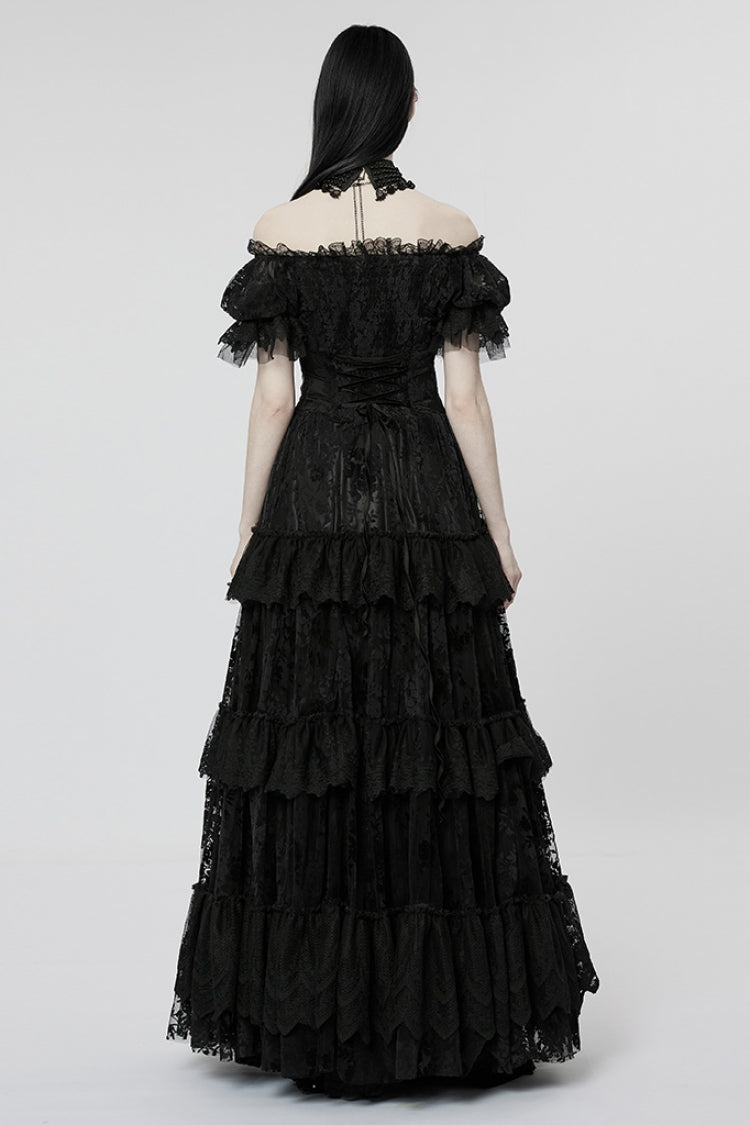 Short Puff Sleeves Print Ruffle Lace Women's Gothic Dress 2 Colors - Product - 3