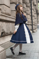 Blue/White Suit Collar Double Breasted High Waist College Style Sweet Lolita Dress Full Set - Product - 3