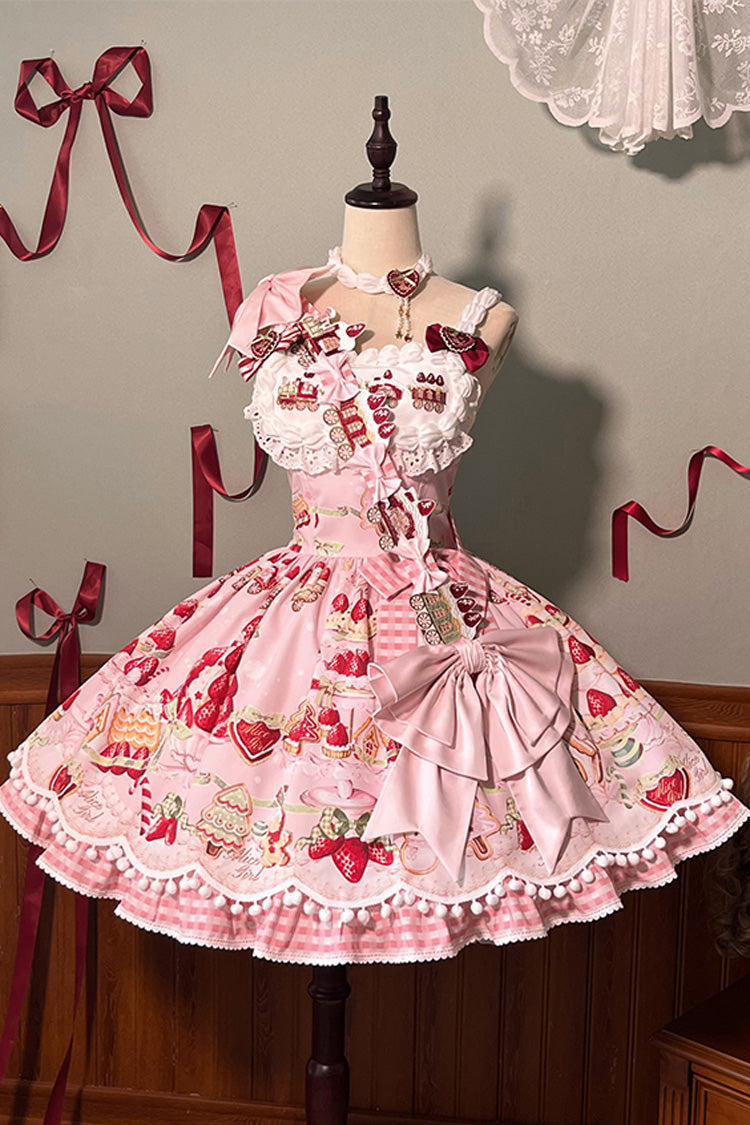 Mint Strawberry Dessert Print Natural Waisted Ruffle Bowknot Sweet Lolita JSK Dress 4 Colors - Product - 24