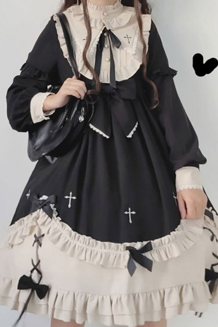 Black Round Collar Chest Bow Cross Print Ruffled Sweet Lolita Op Dress - Product - 8