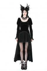 Black Round Collar Long Puff Sleeves Lace Lace-Up Hem High Low Women's Gothic Velvet Wedding Dress - Black - 1