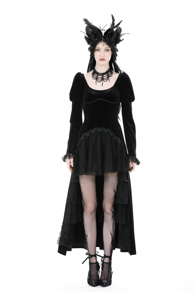 Black Round Collar Long Puff Sleeves Lace Lace-Up Hem High Low Women's Gothic Velvet Wedding Dress - Black - 1