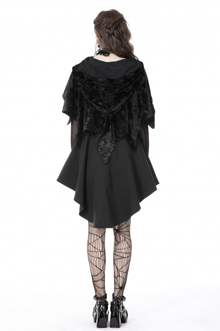 Black Skull Printed Front Lace-Up Women's Gothic Velvet Cape with Hood - Product - 7