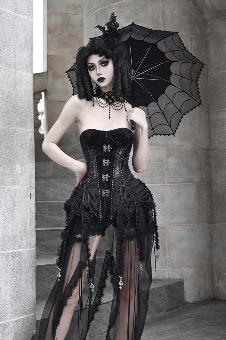 Black [Hell Alice] Hollow Lace-Up Fishbone Gothic Lolita Dress Corset - Product - 6