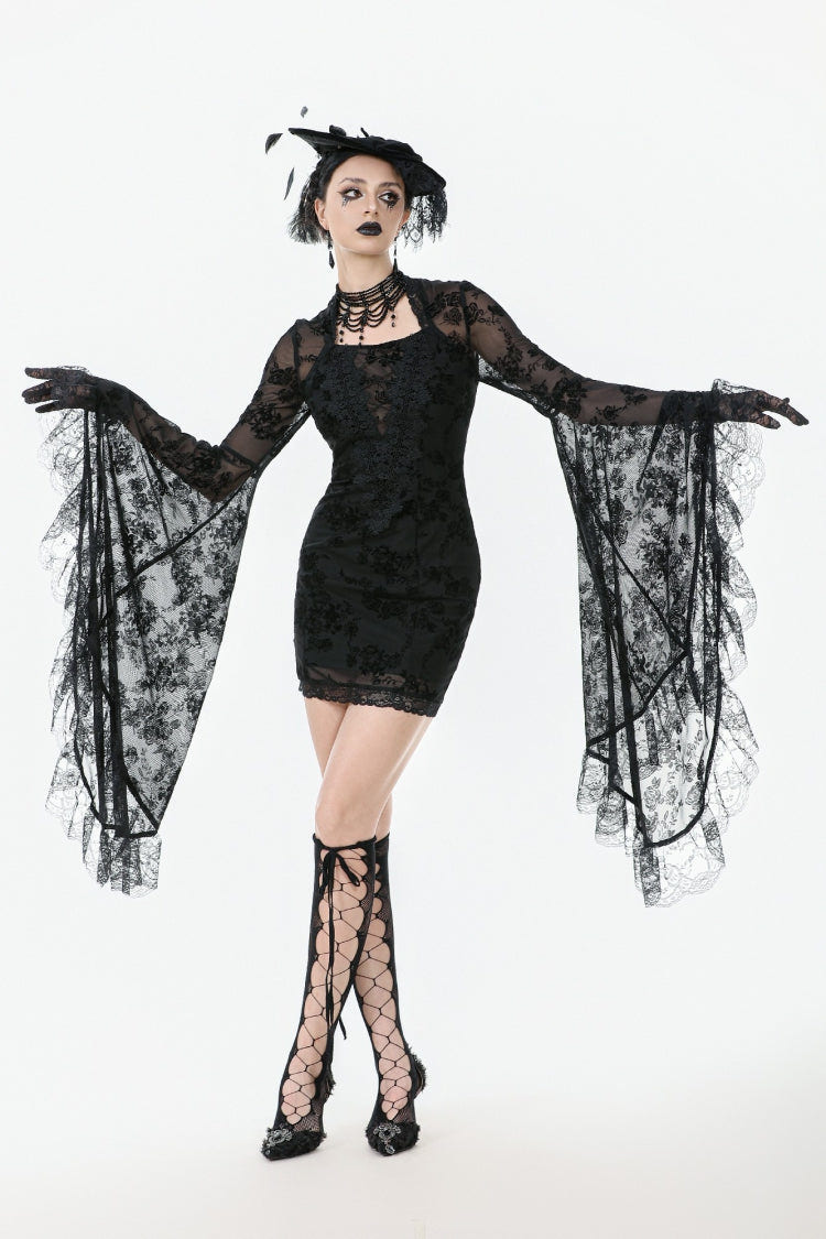 Black Square Collar Long Trumpet Sleeves Mesh Embroidered Lace Lace-Up Women's Gothic Dress - Product - 7