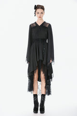 Black V Collar Long Trumpet Sleeves Lace Sheer Women's Gothic Kimono High Low Long Dress - Product - 6