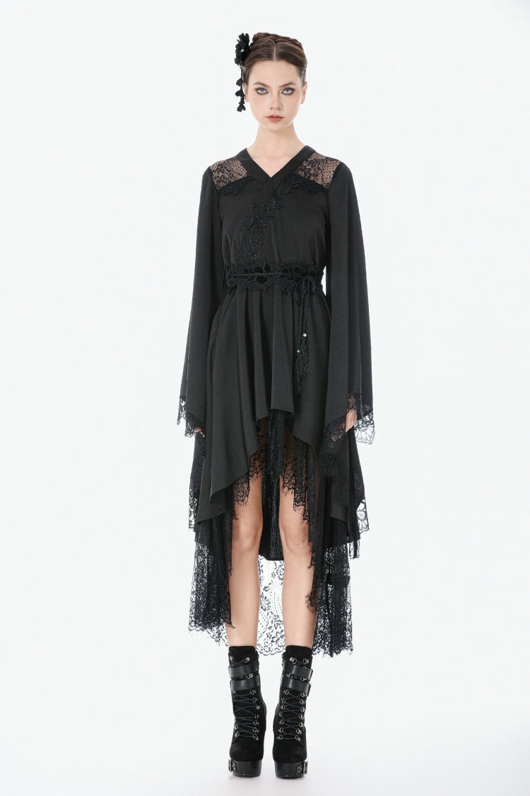 Black V Collar Long Trumpet Sleeves Lace Sheer Women's Gothic Kimono High Low Long Dress - Product - 6