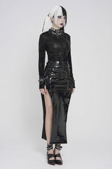Black Stand Collar Long Sleeves  Circuit Board  Printed Slim Women's Punk Blouse - Product - 9
