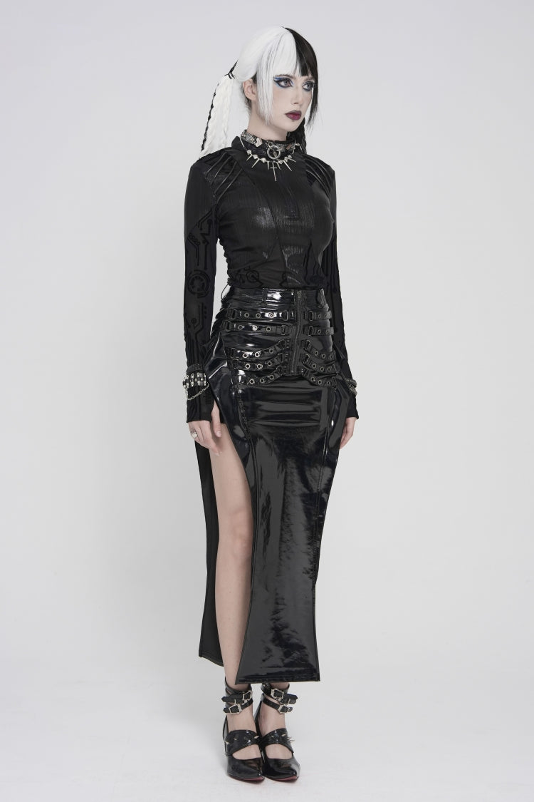 Black Stand Collar Long Sleeves  Circuit Board  Printed Slim Women's Punk Blouse - Product - 9