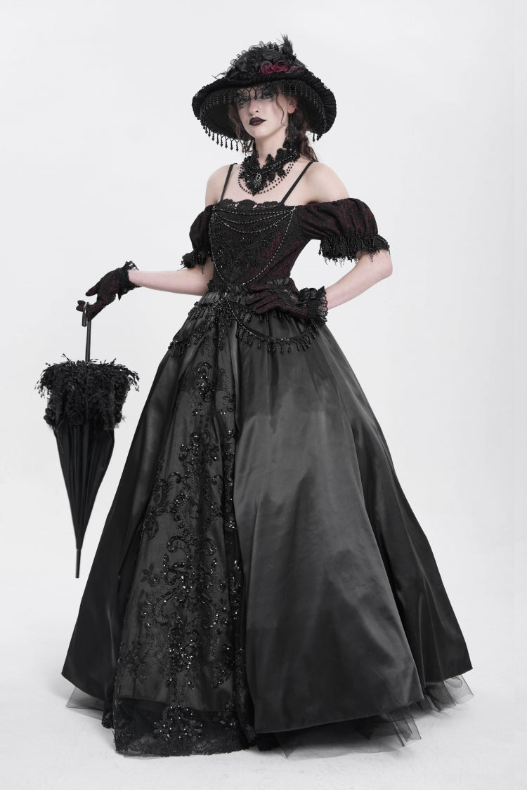Black Off Shoulder Short Sleeves Jacquard Cardigan Stitching Lace Women's Gothic Dress - Product - 9