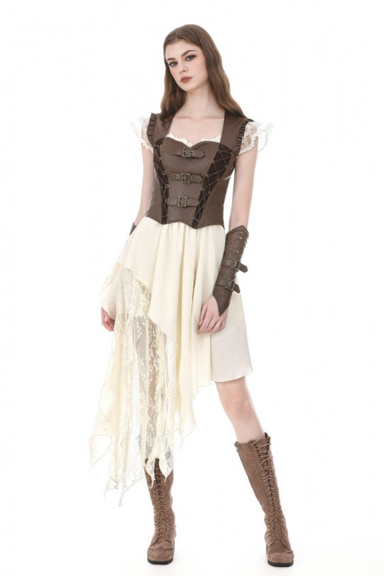 Brown Sweetheart Neckline Ruffled Flutter Sleeves Cut-Out Buckled Strap Women's Steampunk Slim Corset Vest - Product - 10