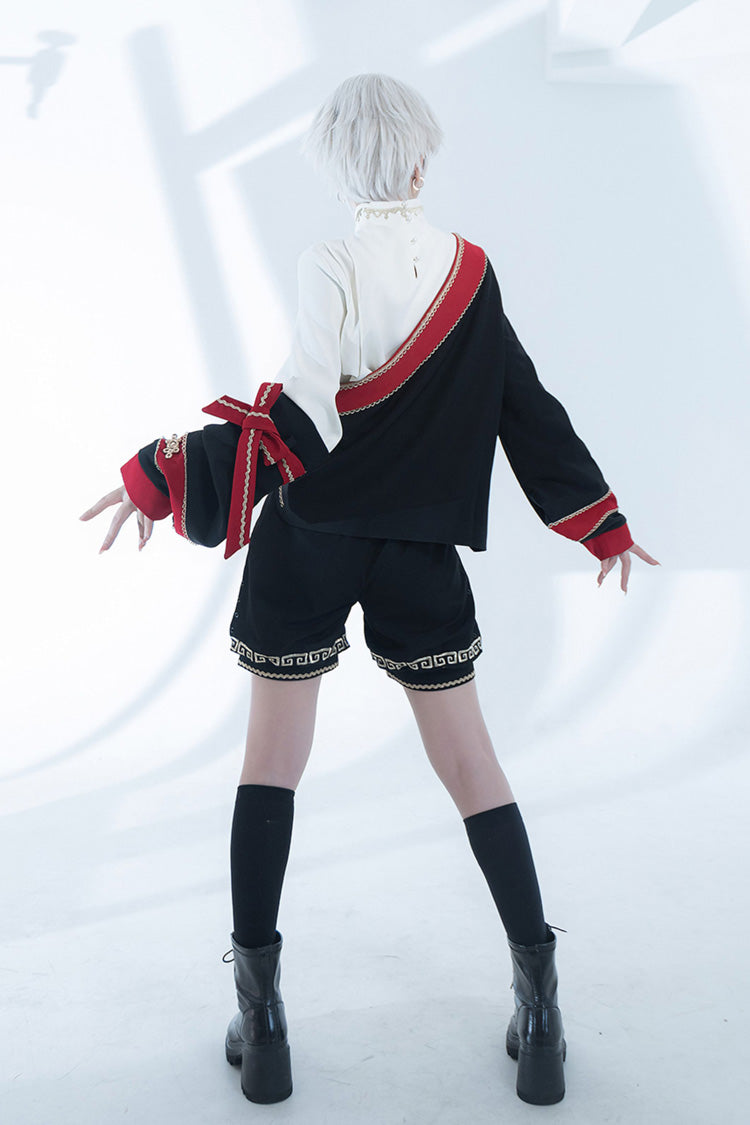 [Cangzhu] Stand Collar Long Sleeves Embroidered Asymmetric Classic Chinese Inspired Vintage Ouji Lolita Shorts Set - Product - 10