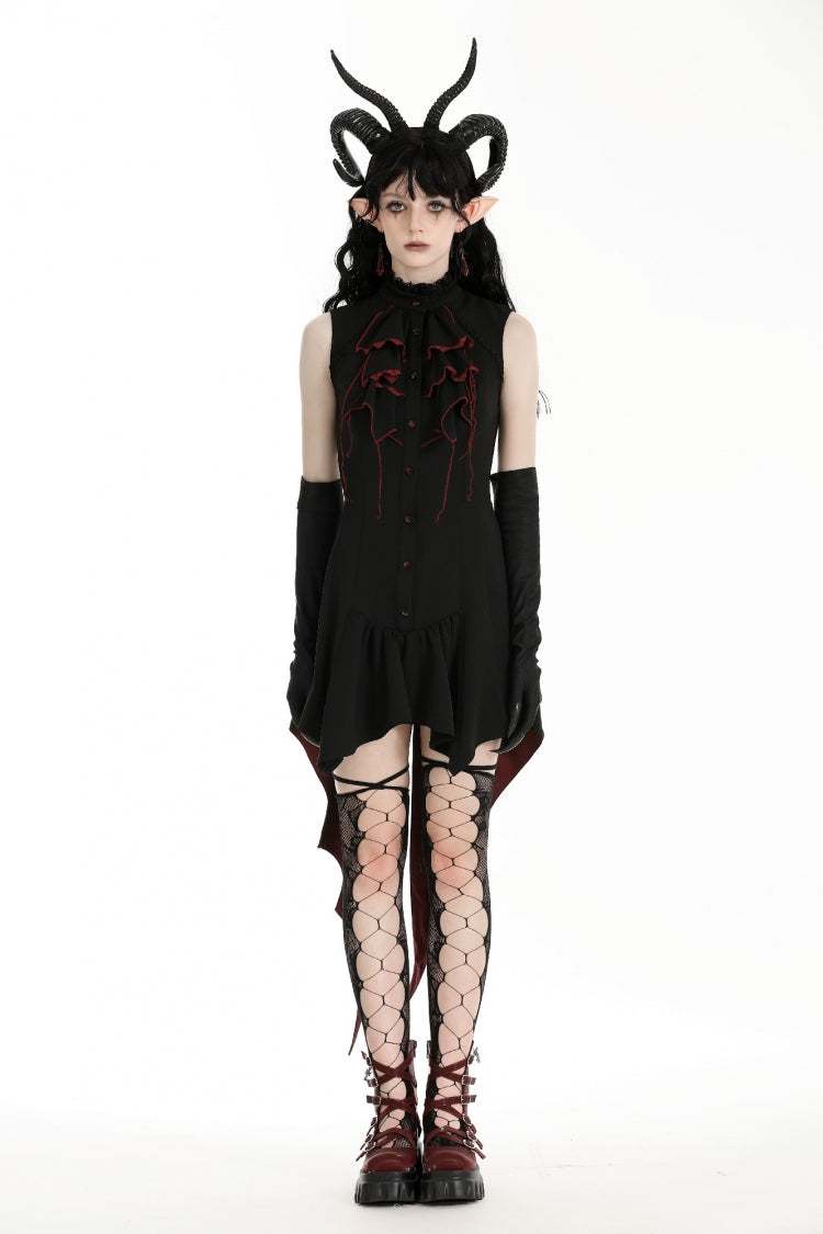 Black/Red Contrast Color Women's Gothic Ruffled Stand Collar Jabot Sleeveless Halloween Tail Dress - Product - 5