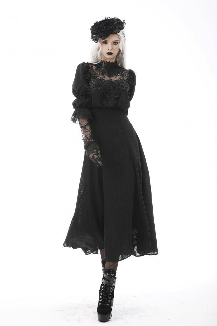 Black Stand Collar Cut-Out Half Sleeves Lace Spliced Women's Gothic Maxi Dress - Product - 6