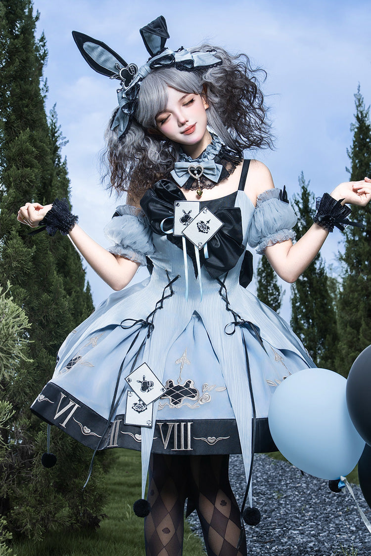 Blue [The Clock Rabbit's Card Game] Sleeveless Jacquard Ruffled Embroidered Bow Lace-Up Gothic Lolita Jsk Dress - Product - 3