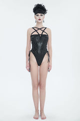 Black Pentagram Print Side Cutout Strap Women's Gothic One Piece Swimsuit - Product - 3