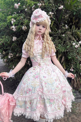 White/Pink Sleeveless Flower Wall Print Ruffle Bowknot Lace Sweet Lolita Jsk Dress - Product - 20