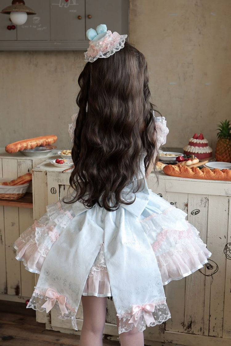 Blue [Candy Satin Ballet] Square Collar Sleeveless Multi-Layered Ruffled Bow Lace Pearl Detail Sweet Lolita Jsk Dress - Product - 4