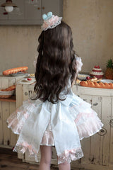 Blue [Candy Satin Ballet] Square Collar Sleeveless Multi-Layered Ruffled Bow Lace Pearl Detail Sweet Lolita Jsk Dress - Product - 4