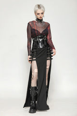 Black/Red Round Collar Long Sleeves Sheer Mesh Tie-dyed Women's Gothic Versatile Basic Top - Product - 8
