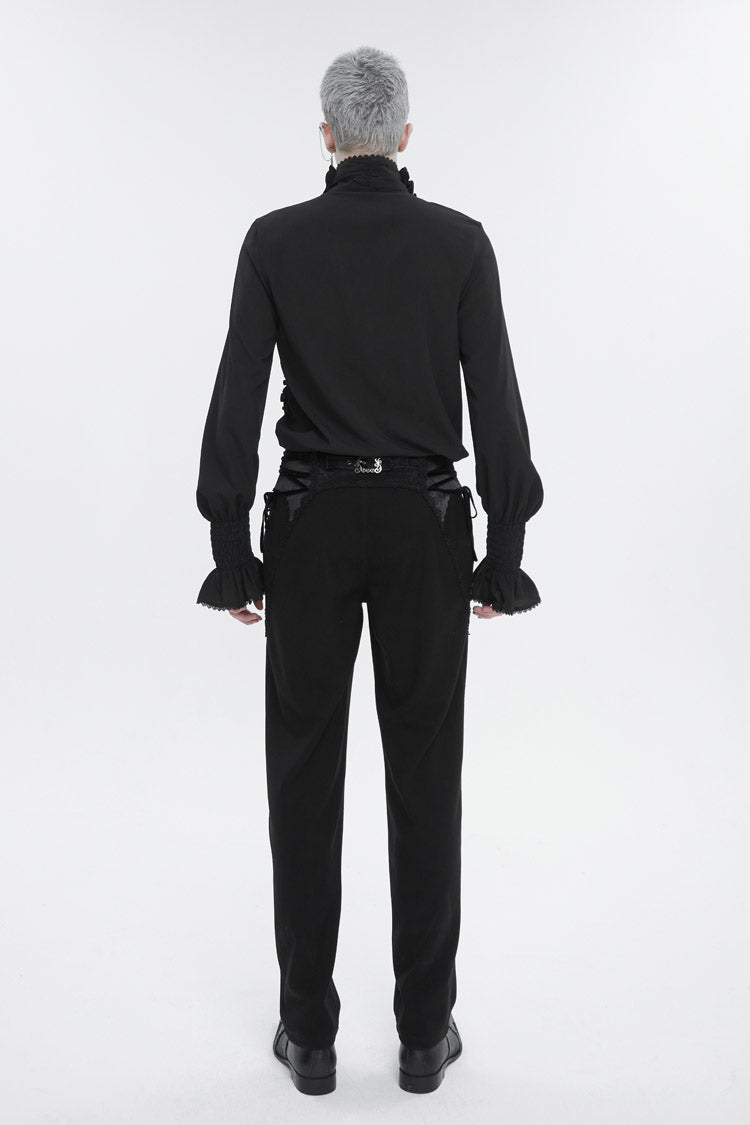 Black Irregular Stand Collar Puff Sleeved Ruffled Men's Gothic Shirt - Product - 4
