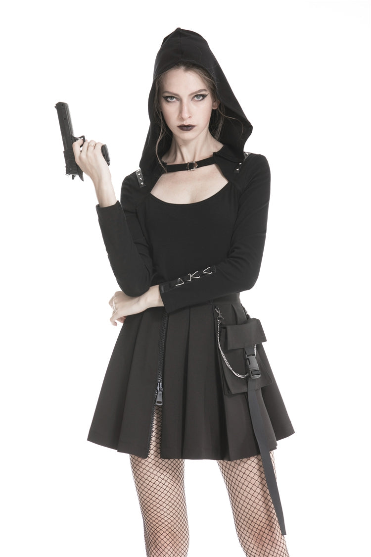 Black Zippered Pleated Women's Punk Casual Mini Skirt with Side Bag - Product - 6